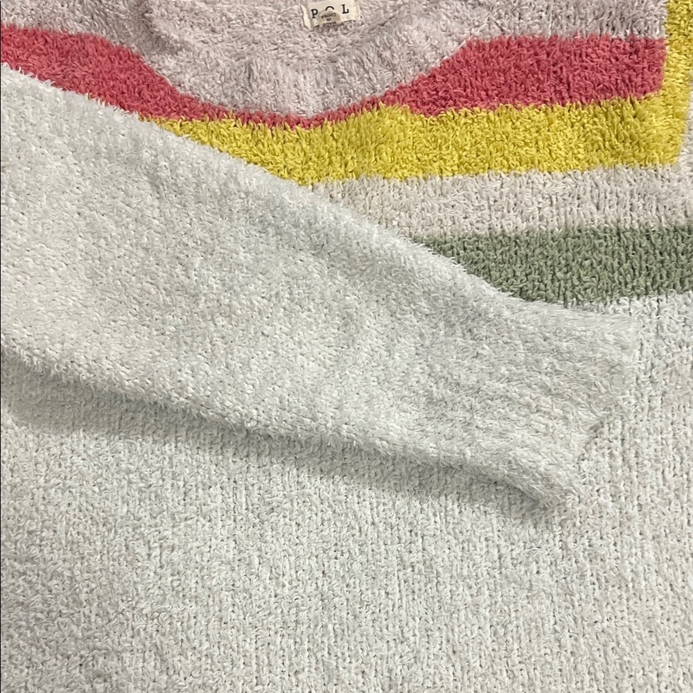 POL Plush Crewneck Sweater in Light Gray with Pink, Yellow & Sage Stripes - Picture 4 of 6